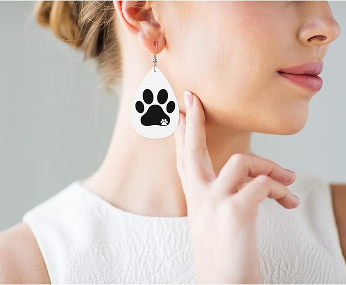 Dog Paw Print Faux Leather Earrings Black Dog Pet Kitten Footprint Teardrop Leather Dangle Earrings Women Earrings For Wedding Bridal