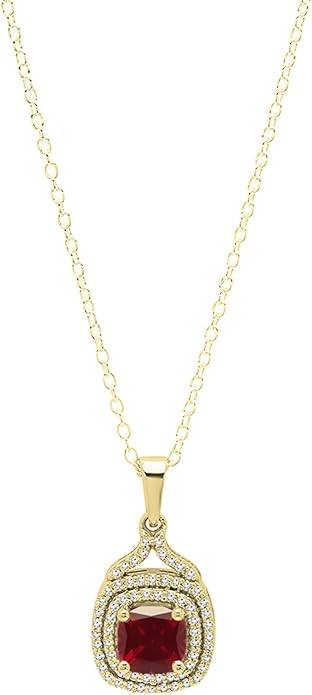 Dazzlingrock Collection 6mm Cushion Lab Created Gemstone & Round Natural Diamond Halo Pendant (Gold Chain Included), 10K Yellow Real Solid Gold
