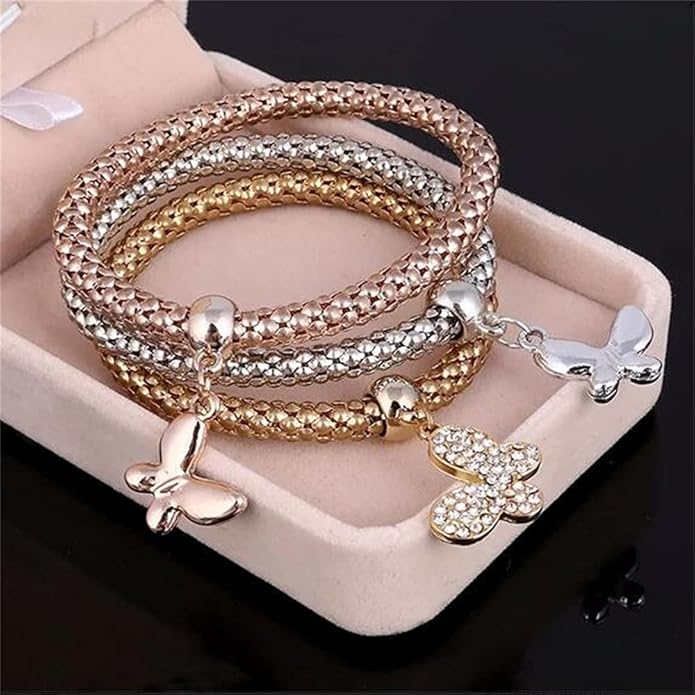 Crystal Charms Multilayer Bracelets - 3PCS Gold/Silver/Rose Gold Corn Chain Bracelet for Women, Tree of Life Heart Shaped Stretch Bracelet