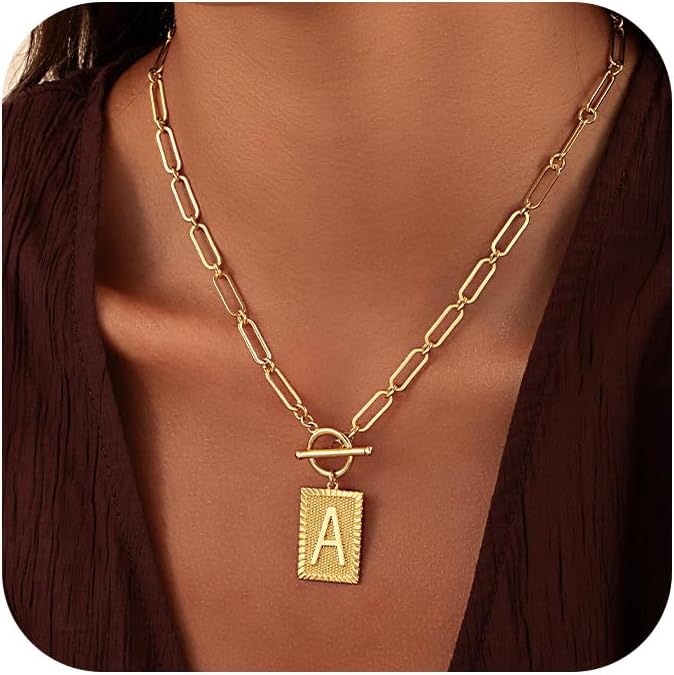14K Gold Plated Initial Letter Necklace for Women, Personalized Alphabet Pendant with Inspirational Engraving, Paperclip Chain Non-Tarnish Jewelry Gift for Her