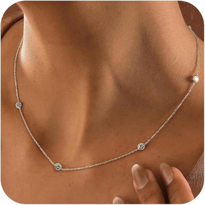 Valentines Day Gifts for Women Her - Dainty Necklaces for Women Cute Station Choker Simulated Diamond Necklace Simple Layering CZ Necklace Trendy Jewelry Gifts