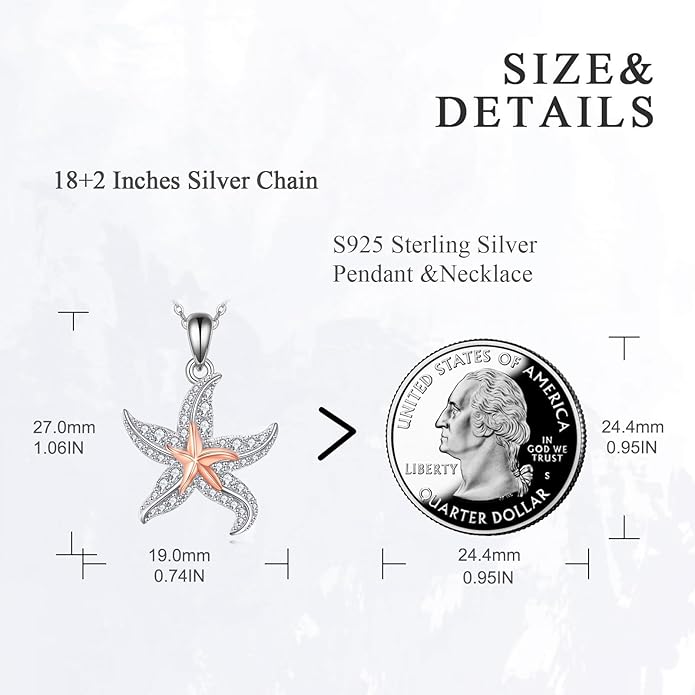 TIGER RIDER Ocean Necklace Sterling Silver Starfish Pendant Necklace Cubic Zirconia Starfish Jewelry Birthday Gifts for Women Ocean Lovers
