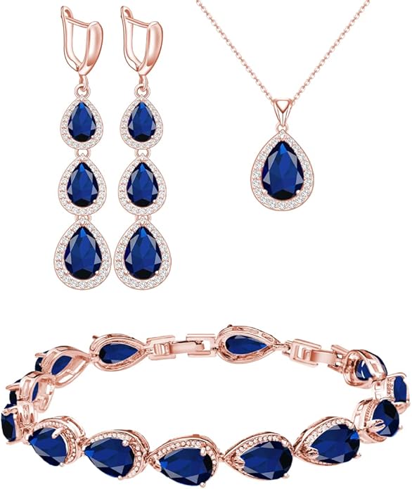 LMXXVJ Necklace Long Earrings Bracelet Set, White Gold Plated Created Blue Sapphire Jewelry Set Wedding Party Gift Jewelry for Women Bridal Bridesmaid