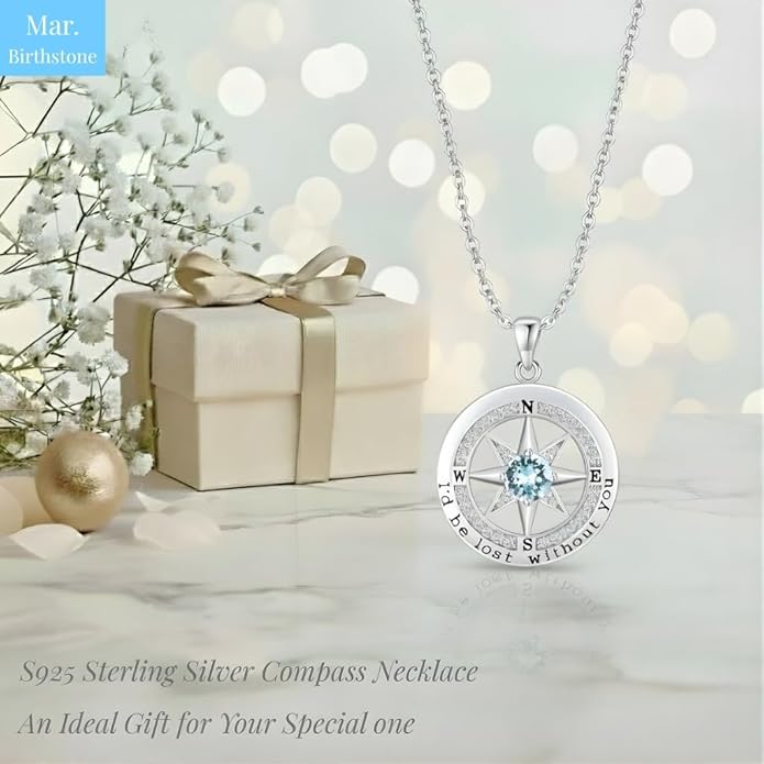 Compass Necklace for Women Wife Girlfriend Mom Daughter Gifts S925 Sterling Silver Jewelry For Anniversary Rose Gold Gifts For Birthday Christmas Mothers Valentines Day 12 Birthstones