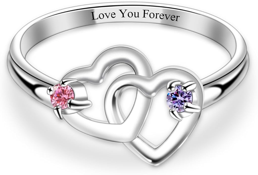 Personalized Heart Birthstone Rings for Women with 2 Birthstones Custom Name Rings for Couple Mother Daughter Jewelry Gift for Mother Her Christmas