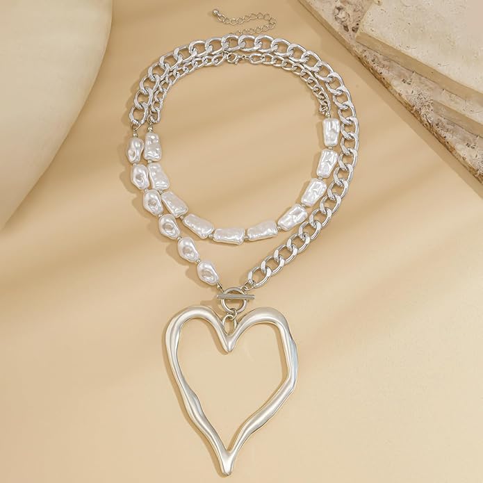 Y2k Large Heart Necklaces for Women Chunky Big Heart Pendant Necklace Exaggerated Layered Love Pearl Choker Necklace Set Dainty Statement Jewelry Gift