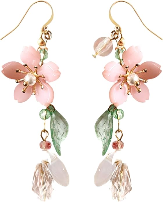 Kruckel Earrings for Women Trendy, Plum Blossom, Pink Flower Earring with Green Leaves, Sakura, New Year Earring Winter Jewelry, Fashion Design Cute Elegant with 925 Sterling Silver Post