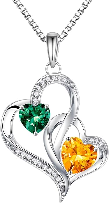 Iefil Valentines Day Gifts for Her - 925 Sterling Silver Double Birthstone Necklace, Heart Necklaces for Women, Anniversary Birthday Gifts, Personalized Jewelry Gift for Wife Mom Girlfriend
