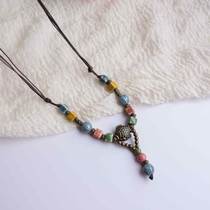Adjustable Ceramic Beaded Necklace for Women, Boho Handmade Flower Pendant Necklace, Hippie Jewelry for Mom and Wife