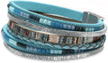 Fesciory Leather Wrap Bracelets for Women, Boho Leopard Multi-Layer Crystal Beads Cuff Bracelet Jewelry