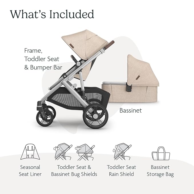 UPPAbaby Vista V3 Stroller + Bassinet V3 - Convertible Single-to-Double Stroller System- Bassinet, Toddler Seat, Bug Shield, Rain Shield Included - Declan (Oat Mélange/Silver Frame/Chestnut Leather)