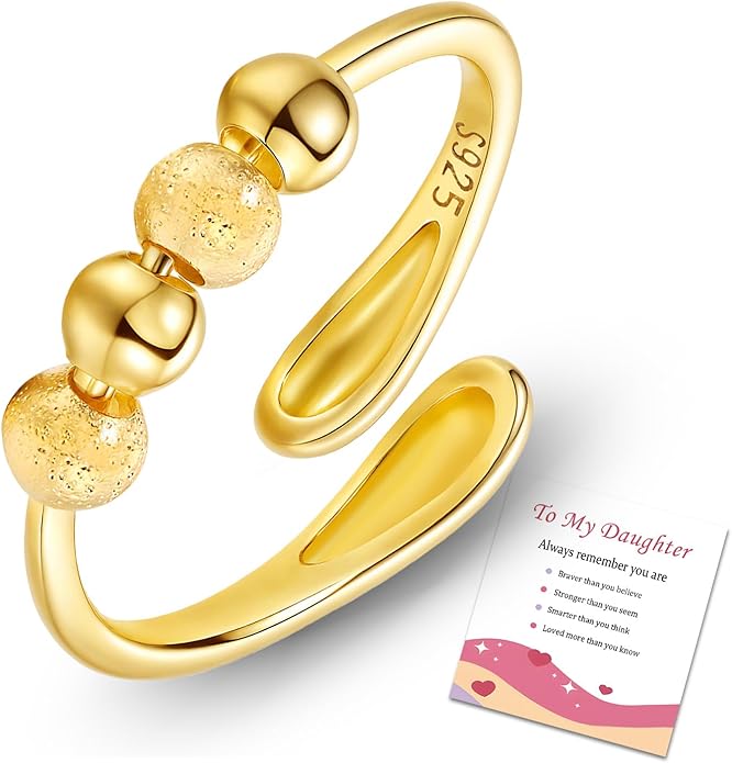 HEEYA Anxiety Rings for Women,Sterling Silver Rings to my Daughter,Adjustable Stress Spinner Ring with Beads,Anxiety Fidget Ring for Women,Thumb Jewelry for Birthday,Christmas with Gift Card