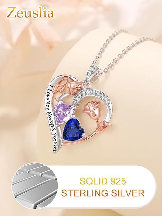 Valentine's Day Gifts for Wife 925 Sterling Silver Double Birthstone Pendant Necklaces I Love You for Always and Forever Necklace Anniversary Birthday Gifts for Wife Girlfriend Mom Her