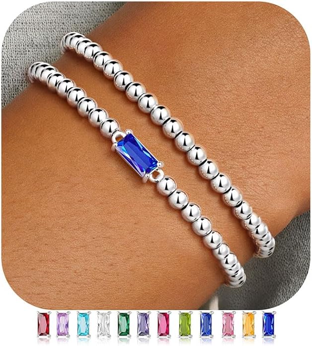 Ursteel Valentines Gifts for Her Kids Girls, Elastic Birthstone Bracelet for Women 14K-Gold-Plated Beaded Bracelet Non Tarnish Trendy Birthstone Jewelry Birthday Gifts for Women
