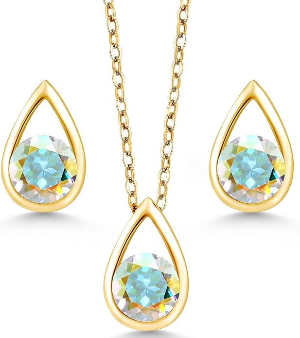 Gem Stone King 18K Yellow Gold Plated Silver 5MM Round Gemstone Birthstone Teardrop Pendant Earrings Set | Jewelry Set for Women | With 18 Inch Chain