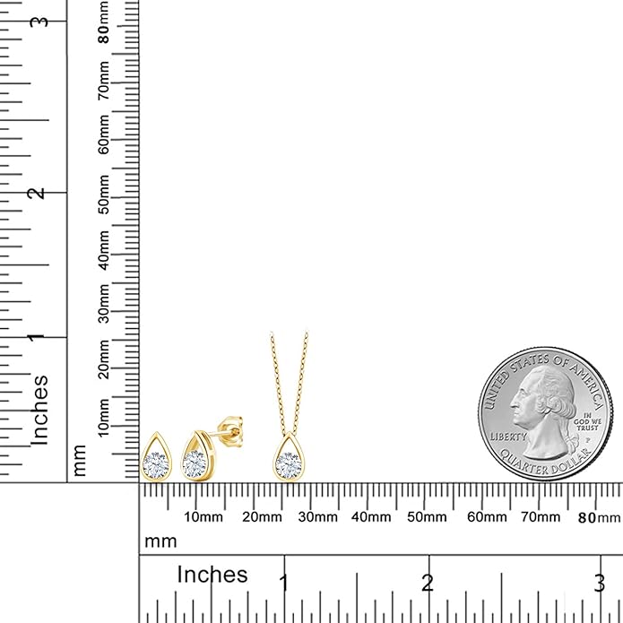 Gem Stone King 18K Yellow Gold Plated Silver 5MM Round Gemstone Birthstone Teardrop Pendant Earrings Set | Jewelry Set for Women | With 18 Inch Chain