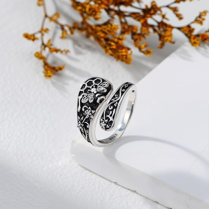 LOANGO Spoon Ring for Women 925 Sterling Silver Spoon Rings Adjustable Oxidized Vintage Thumb Rings Sunflower Hummingbird Butterfly Bee Cardinal Jewelry Gifts for Women Men
