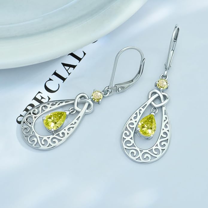 Teardrop Birthstone Dangle Drop Earrings Sterling Silver Infinity Filigree Leverback Earrings, Infinity Love Birthday Anniversary Valentines Day Gifts for Her Women Mom Wife