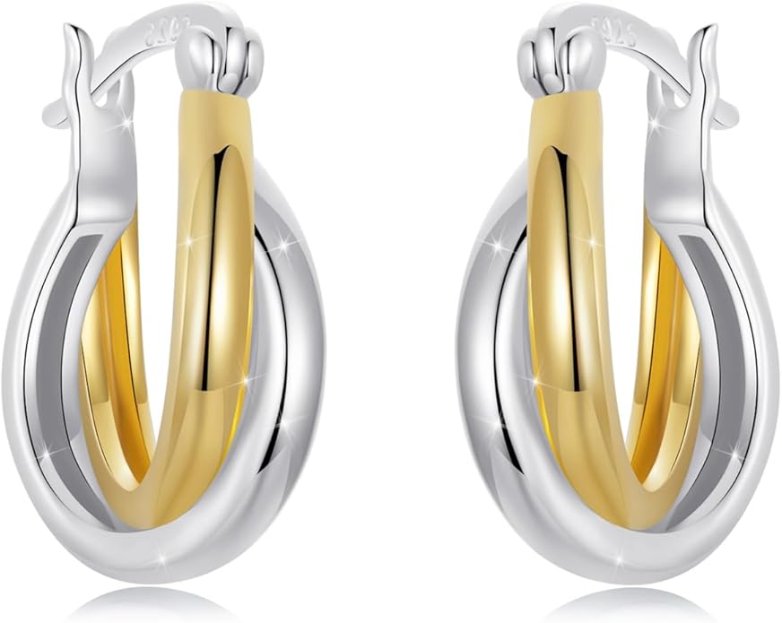 WOSTU 14K Gold Plated Two-Tone Oval Hoop Earrings for Women, Water Drop Design Lightweight Huggie Earrings,925 Sterling Silver Posts Double Drop Chunky Hoops Hypoallergenic Ear Buckles