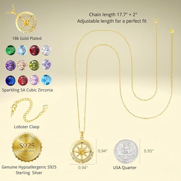 Compass Necklace for Women Wife Girlfriend Mom Daughter Gifts S925 Sterling Silver Jewelry For Anniversary Rose Gold Gifts For Birthday Christmas Mothers Valentines Day 12 Birthstones