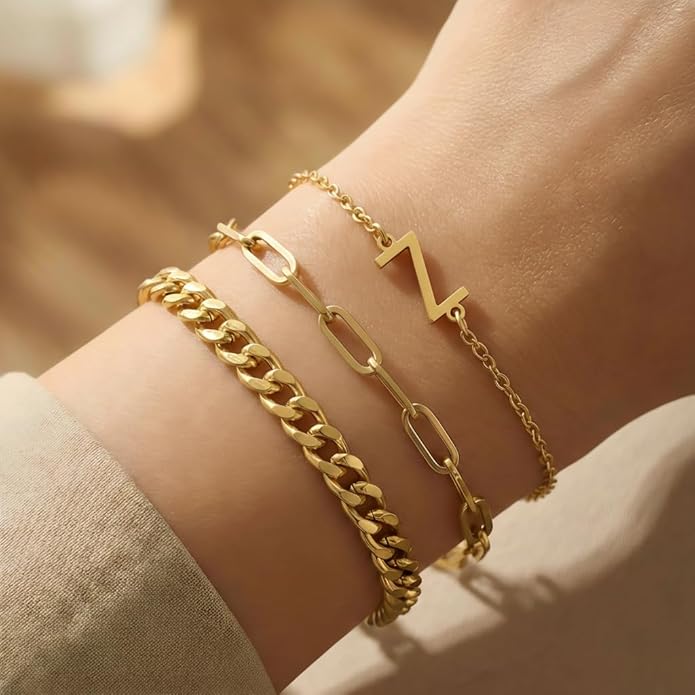 14K Gold Plated Bracelets for Women, A–Z Initial Charm Bangles Jewelry Set, Elegant Gold Accessories, Friendship Bracelet Gifts for Mom