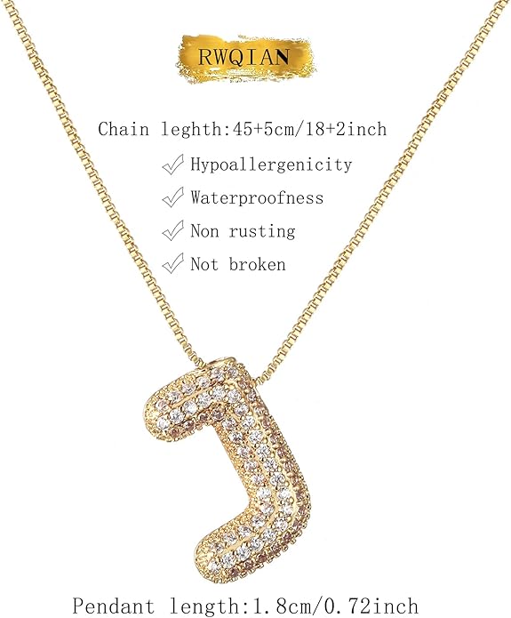 RWQIAN Letter Necklace for Women Bubble, Chunky Initial Alphabet A-Z Pendant Puffy Name Personalized Necklace Dainty Zircon CZ Fashion Jewelry Gifts for Girls Girlfriend