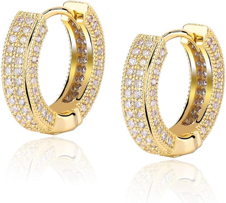 TOPGRILLZ Iced Out Hoop Earrings Cubic Zirconia Huggie Cartilage Cuff Hypoallergenic 14K Gold Plated Luxury Fashion Round Circle Earrings For Men Women