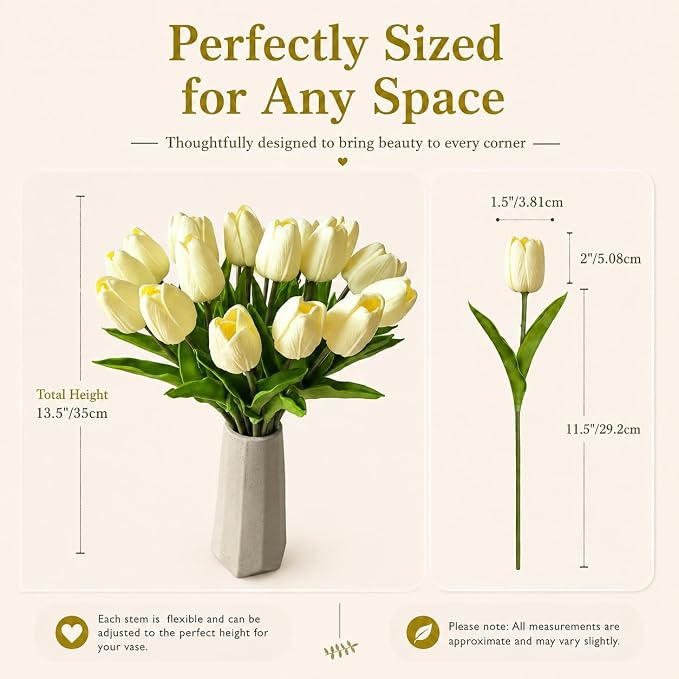 Mandy's 20pcs Artificial Cream Tulips | 13.5 Inch Lifelike PU Tulips Faux - Image 3