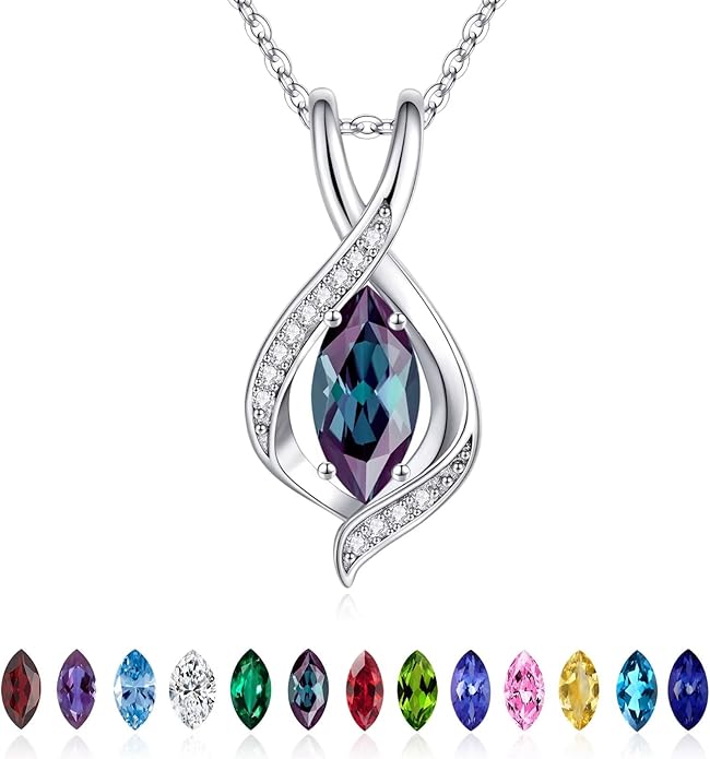 Iefil Valentines Day Gifts for Her, 925 Sterling Silver Marquise Birthstone Necklace Birthday Gifts Dainty Necklaces Birthstone Jewelry for Wife Daughter, 19"+2" Inches