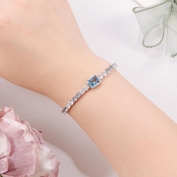 Birthstone Bracelets for Women Birthday Gifts 4CT Radiant Cut Birthstone 4mm Sterling Silver White Gold Tennis Bracelets for Women Round Cut 5A Cubic Zirconia Bezel Setting 7 Inch