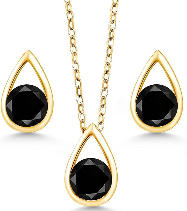 Gem Stone King 18K Yellow Gold Plated Silver 5MM Round Gemstone Birthstone Teardrop Pendant Earrings Set | Jewelry Set for Women | With 18 Inch Chain