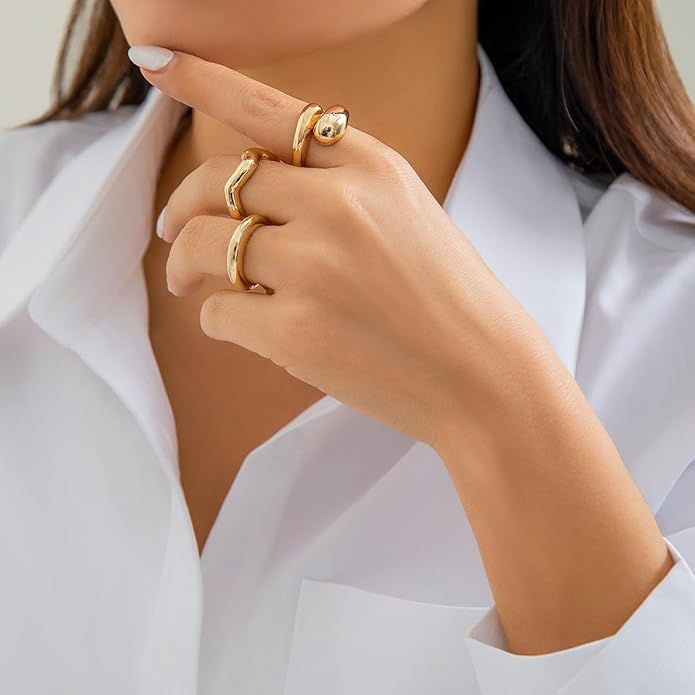 MIFYNN Chunky Gold Rings for Women Gold Silver Adjustable Thick Ring Fashion Statement Ring Open Dome Ring Chunky Silver Rings Geometric Curved Minimalist Simple Rings