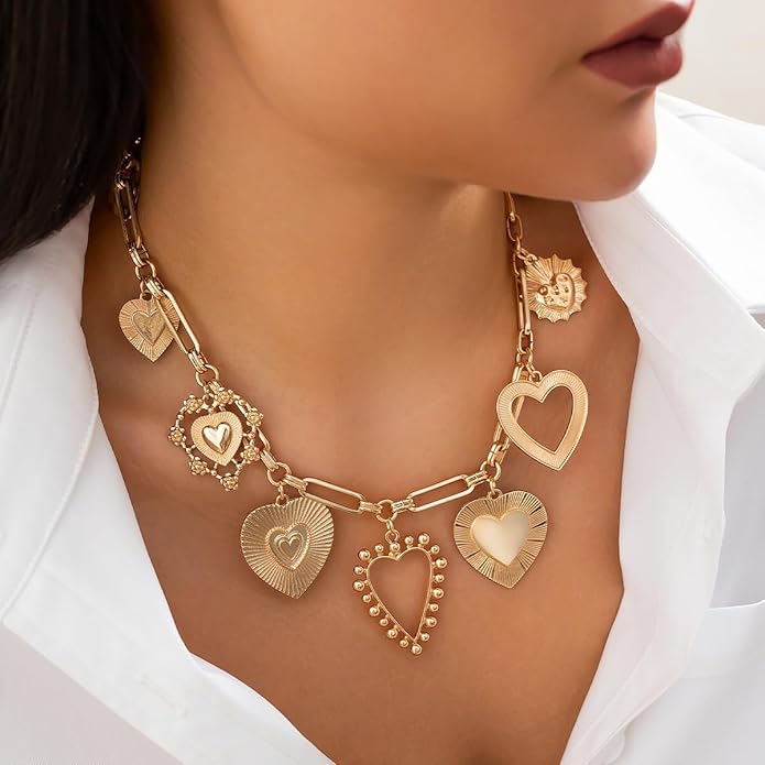 Chunky Gold Necklace Big Heart Necklace for Women Silver Large Statement Necklaces Thick Bold Chain Puffy Love Heart Charm Necklaces for Women with OT Toggle Silver Chunky Gold Jewelry Trendy Valentine's Day Gift