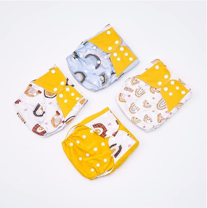 HappyFlute 4 Sets Newborn Baby Cloth Pocket Diapers One Size Adjustable Reusable for Baby Boys and Girls(No Inserts,Yellow)