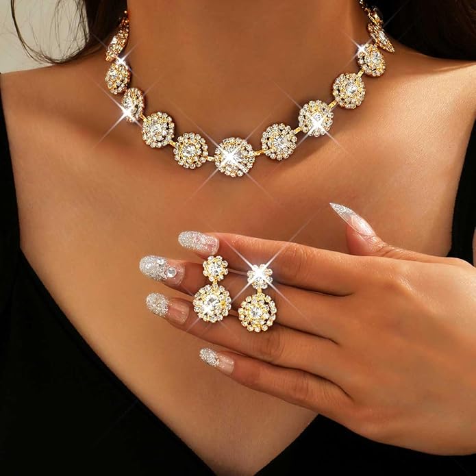 Unicra Bridal Wedding Jewelry Set Silver Rhinestone Necklace Earrings Sets Formal Costume Jewelry for Women and Brides