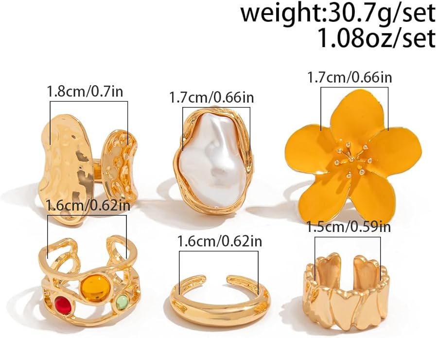 CJIAYUJEW Chunky Gold Flower Rings Pearl Stacking Statement Rings for Women Silver Chunky Knuckle Ring Set Adjustable Pearl Finger Ring Sets