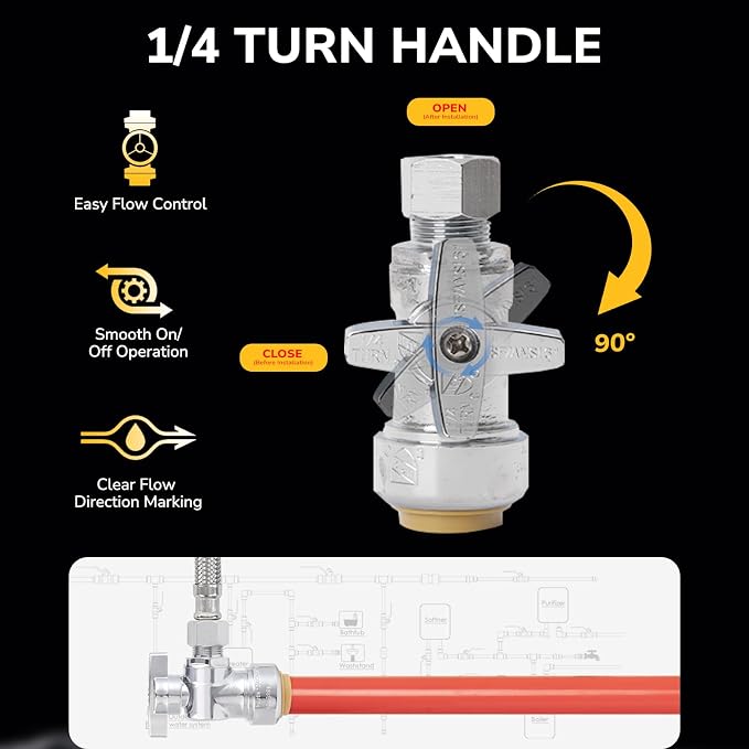 6 Pack Angle Stop Valve, 1/2" PTC x 3/8" OD Compression, Toilet Water Shut Off - Image 3