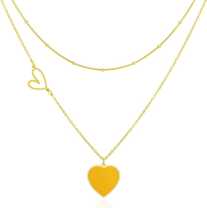 Linawe Layered Choker Heart Pendant Necklace for Women Trendy, Gold/Silver/Rose Gold Chain Stainless Steel Stacked Necklaces, Double Heart Necklace Y2K Preppy Jewelry