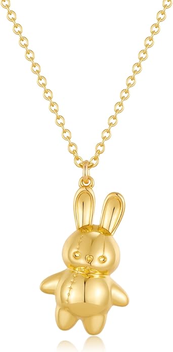 YUJIE Cute Easter Bunny Necklace for Women 18K Gold Plated 3D Puffy Rabbit Pendant Necklace Dainty Adjustable Chain Cute Animal Jewelry