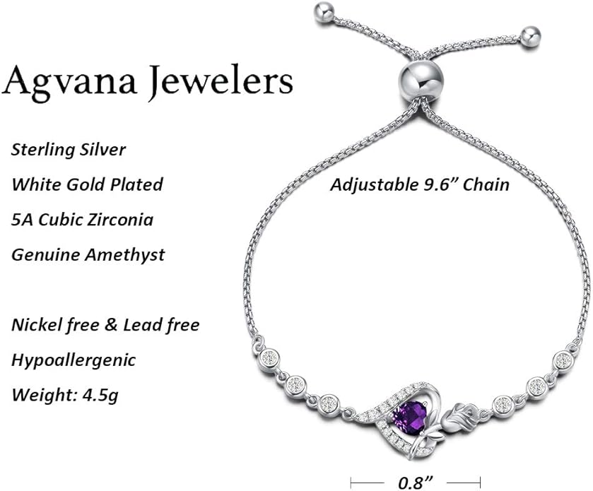AGVANA Valentines Day Gifts Rosy Reverie Birthstone Bracelet for Women Sterling Silver Genuine or Created Gemstone Tennis Bracelet Rose Heart Jewelry Anniversary Birthday Gifts for Women Mom Wife Her
