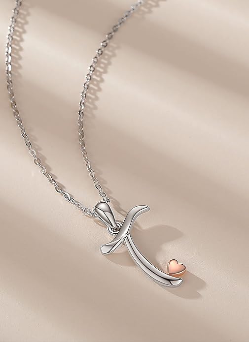 CELESTIA 925 Sterling Silver Initial Necklaces 26 Letter with Rose Gold Heart - 18 Inch Chain