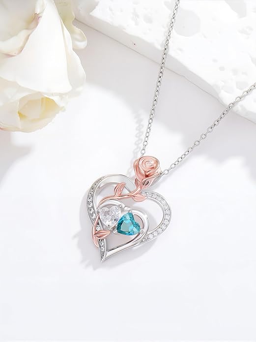 Rose Flower Heart Pendant for Women Birthday Gifts 18k Gold Plated Mother Daughter Necklace with 12 Months Birthstone Christmas Valentines Day Gifts for Her Mom Anniversarry Jewelry for Mom Wife Girlfriend