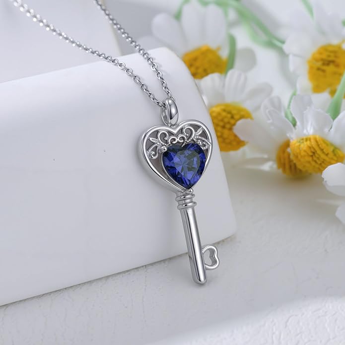 WSX Heart Key Birthstone Necklace for Women 925 Sterling Silver Love Key Pendant with Birthstone Valentine's Day Anniversary Jewelry Gift for Her