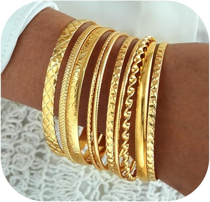 ÌF ME Gold Bangle Bracelets for Women, Indian Bangles Stackable Set, Multi Layer Textured 14K Gold Plated Chunky Bracelets Boho Jewelrys Set
