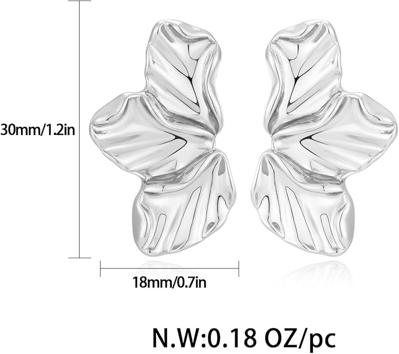 Chunky Gold Statement Earrings For Women Gold Plated Sectored Flower Leaf Shell Angel Wing Earrings Trendy Boho Jewelry For Women Large Stud Earrings Hypoallergenic Earrings