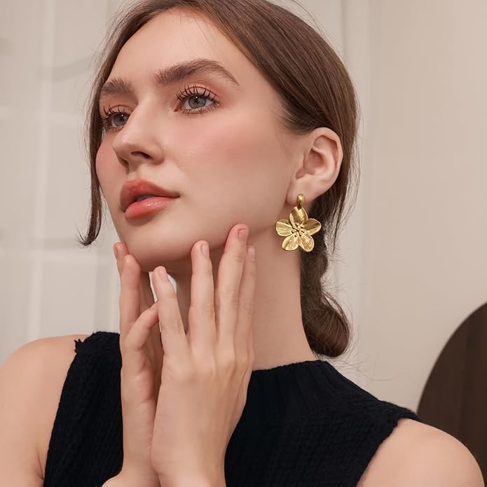 Gold Flower Statement Earrings for Women, Large Chunky Bohomian Summer Beach Floral Earring, Irregular Bold Exaggerated Earrings