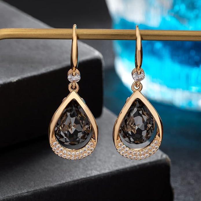 Austrian Crystal Halo Teardrop Hollow Drop Dangle Earrings for Women 14K Rose Gold Plated Hypoallergenic Jewelry Gifts