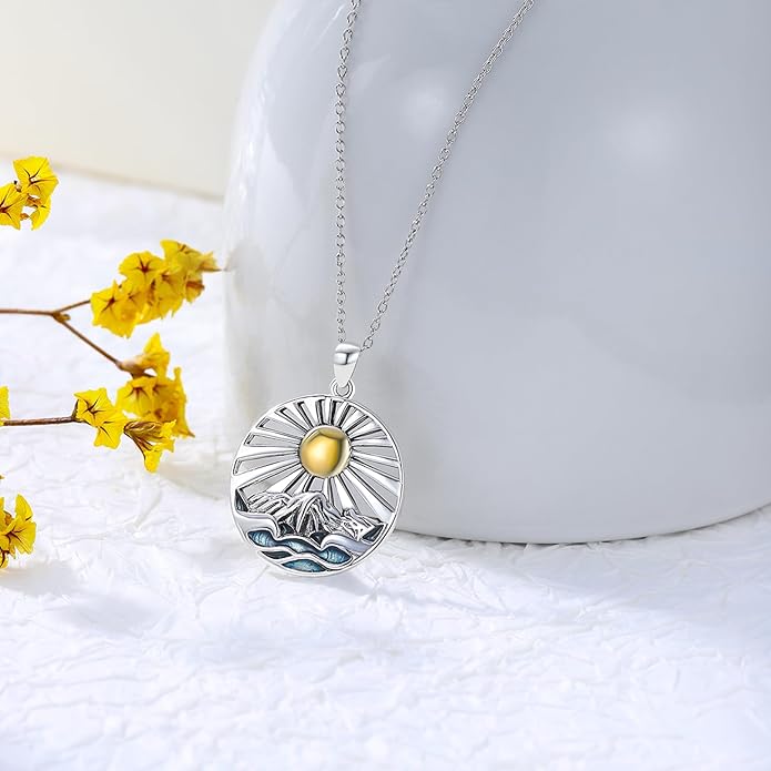 Natural Necklace for Women 925 Sterling Silver Mountain/Wave Pendant Necklace Nature Jewelry Gift for Women