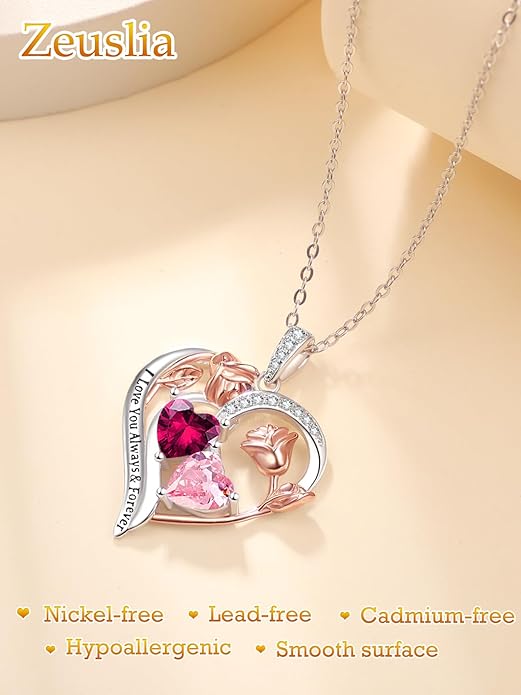 Valentine's Day Gifts for Wife 925 Sterling Silver Double Birthstone Pendant Necklaces I Love You for Always and Forever Necklace Anniversary Birthday Gifts for Wife Girlfriend Mom Her
