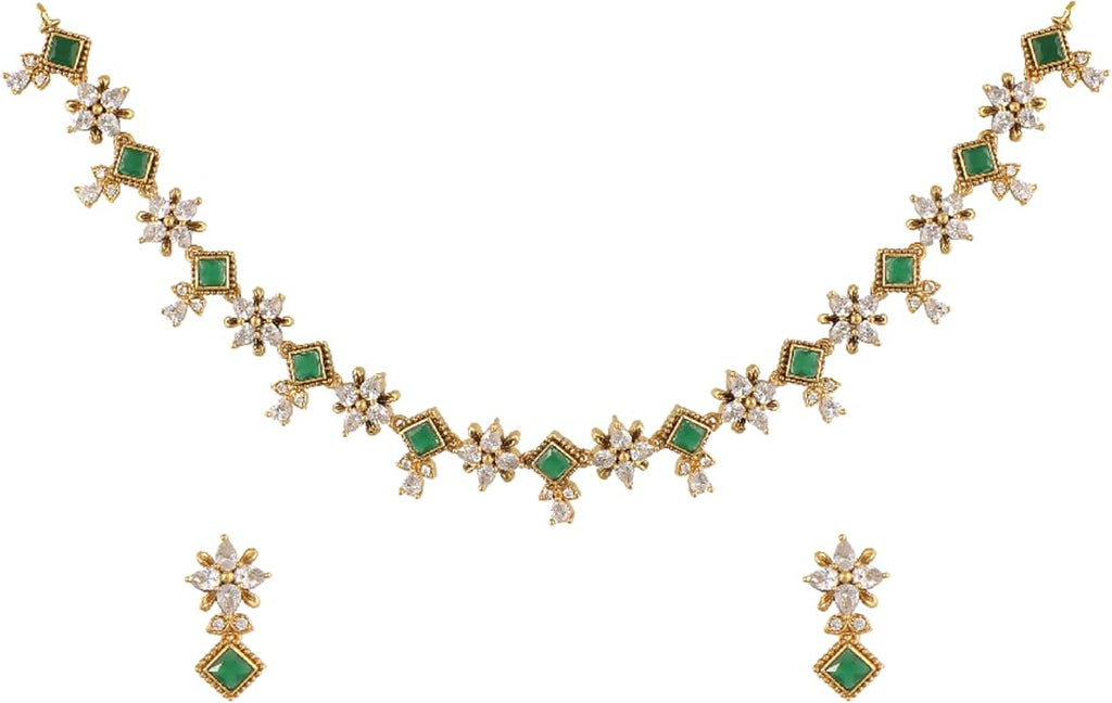 TARINIKA Green and White Cubic Zirconia(CZ) Indian Necklace Set with Earrings, Gold Plated Brass Fashion Indian Jewelry Gift for Women Bollywood Costume Jewellery